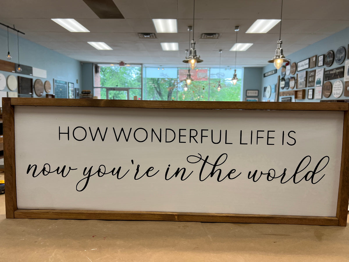 now you're in the world sign – Words on Wood