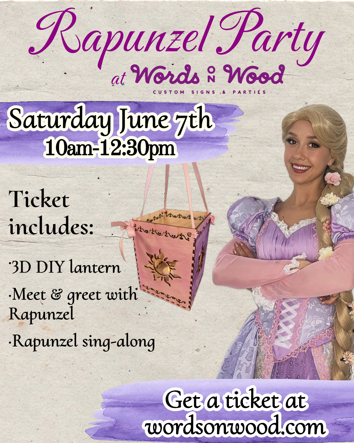 6/7/25 10:00-12:30 Rapunzel Princess Party at Words on Wood